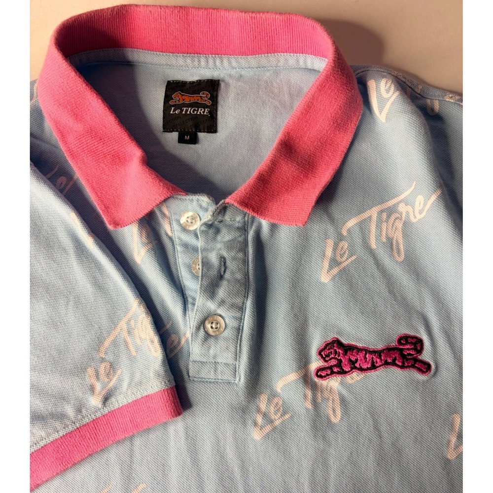 Le Tigre Mens Script Logo Pique Polo Shirt Blue Pink‎ Short Sleeve Size Medium